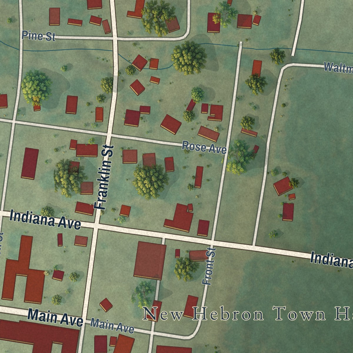 Second close-up of the map of New Hebron, Mississippi print showing more streets and buildings