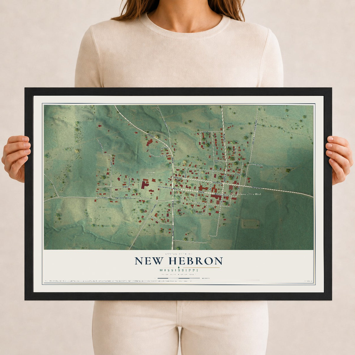 Map of New Hebron, Mississippi, 12 x 18 inch print in a black wood frame