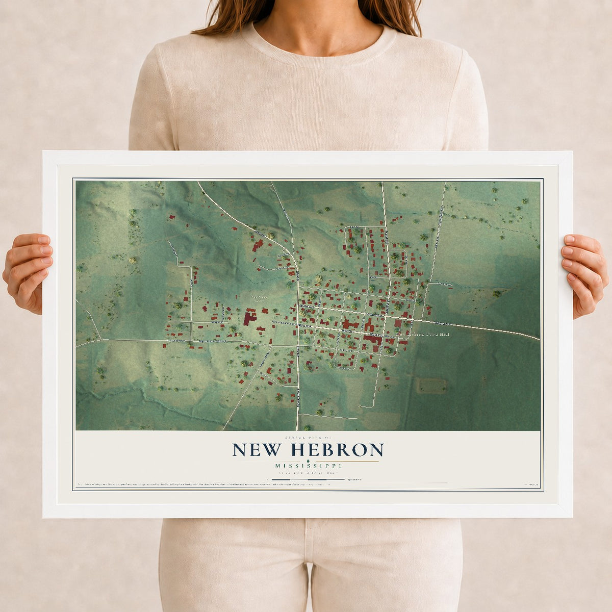 Map of New Hebron, Mississippi, 12 x 18 inch print in a white wood frame