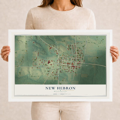 Map of New Hebron, Mississippi, 12 x 18 inch print in a white wood frame