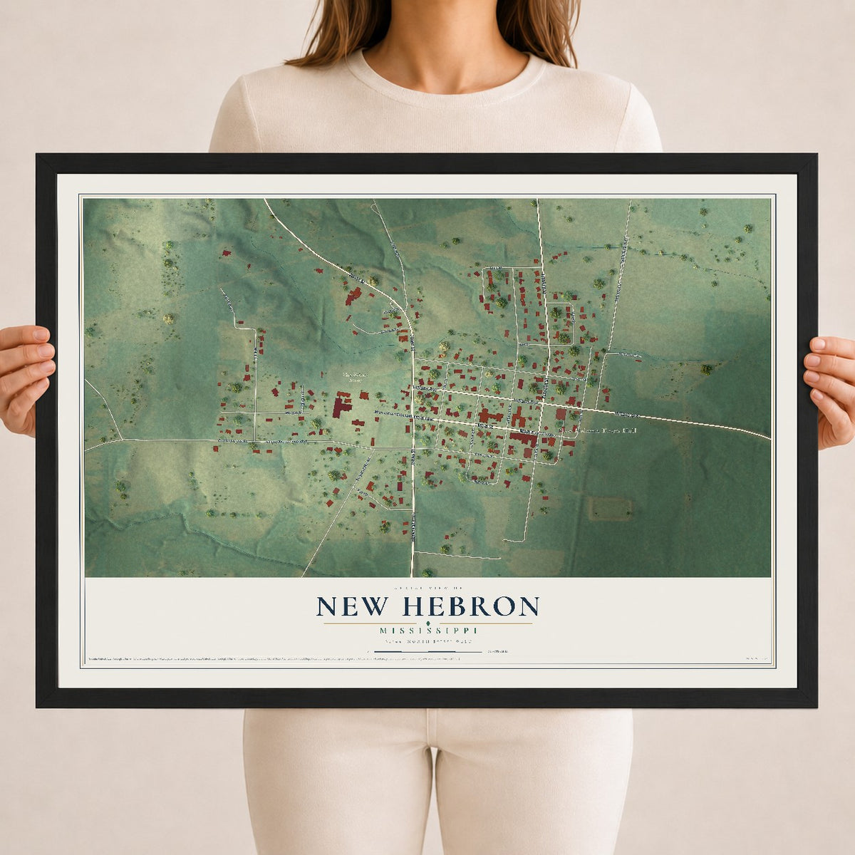Map of New Hebron, Mississippi, 18 x 24 inch print in a black wood frame