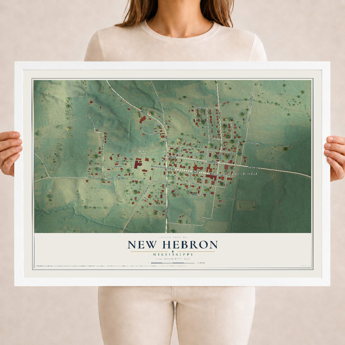 Map of New Hebron, Mississippi, 18 x 24 inch print in a white wood frame