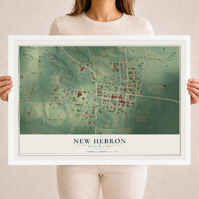 Map of New Hebron, Mississippi, 18 x 24 inch print in a white wood frame