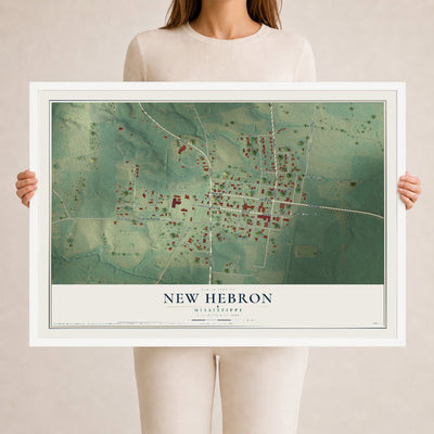 Map of New Hebron, Mississippi, 24 x 36 inch print in a white wood frame