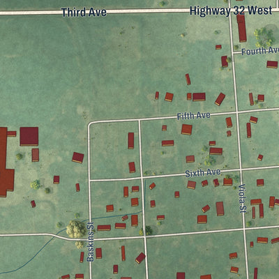 Second close-up of the map of New Houlka, Mississippi print showing more streets and buildings
