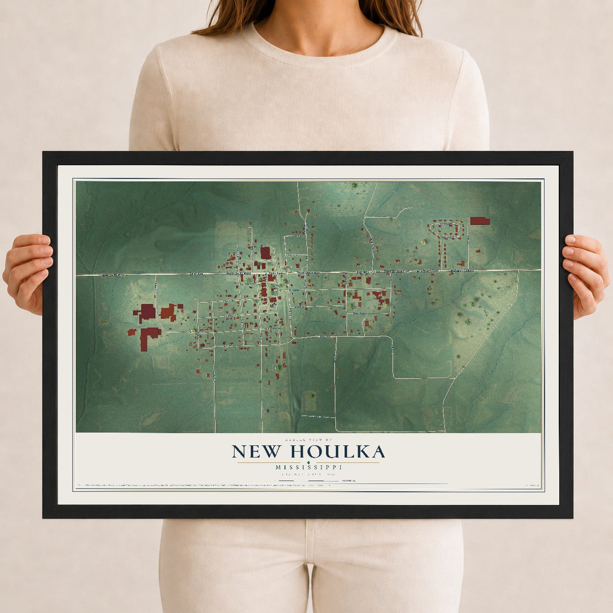 Map of New Houlka, Mississippi, 12 x 18 inch print in a black wood frame
