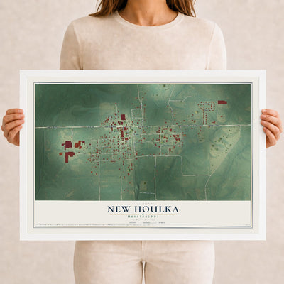 Map of New Houlka, Mississippi, 12 x 18 inch print in a white wood frame