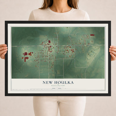 Map of New Houlka, Mississippi, 18 x 24 inch print in a black wood frame