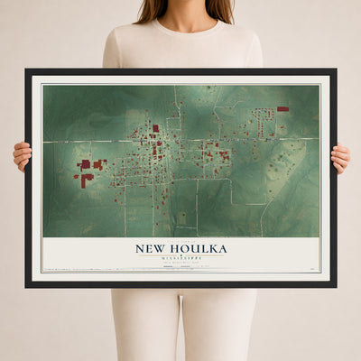 Map of New Houlka, Mississippi, 24 x 36 inch print in a black wood frame