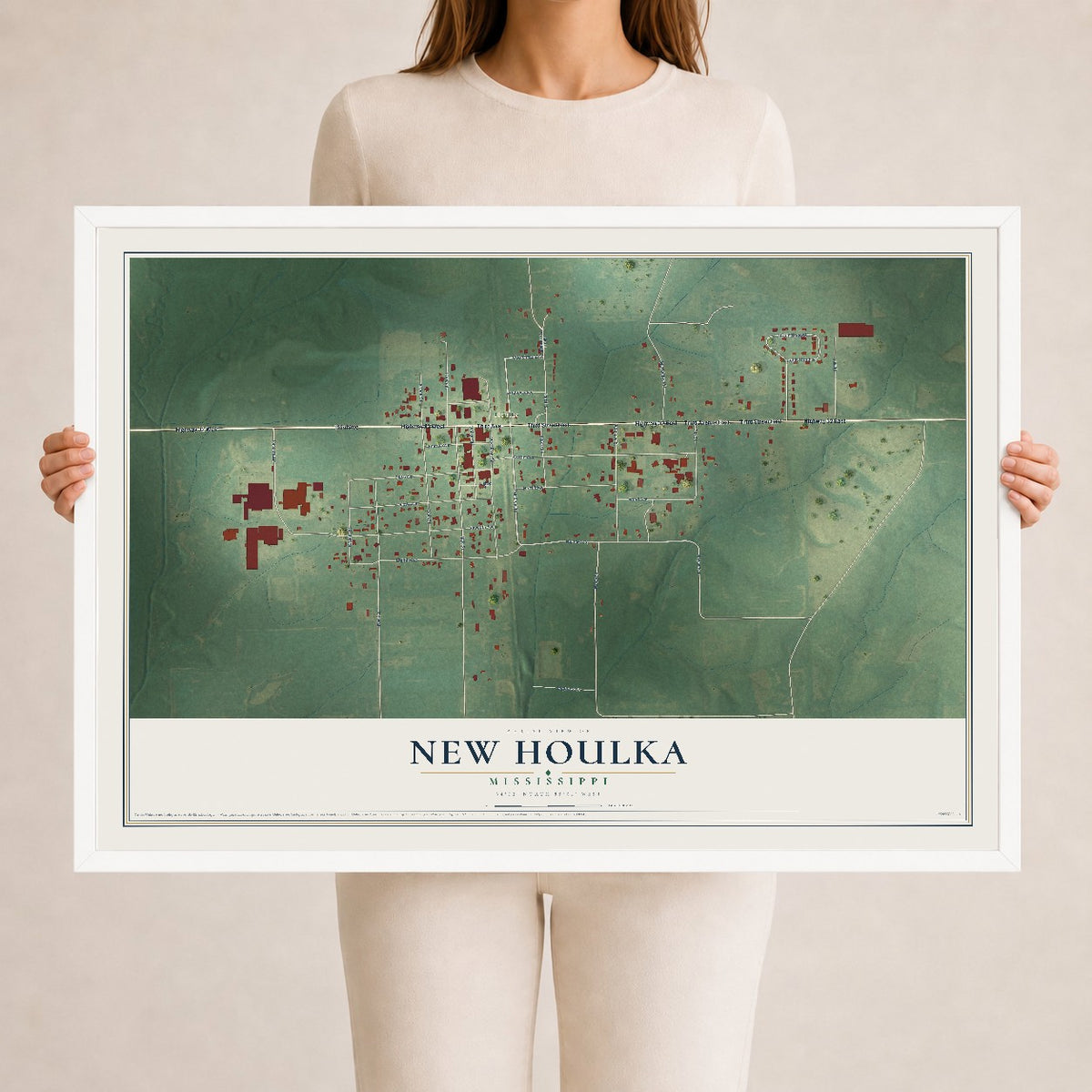 Map of New Houlka, Mississippi, 24 x 36 inch print in a white wood frame