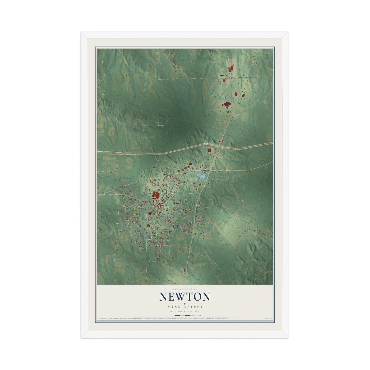 Map of Newton, Mississippi, 12 x 18 inch print in a white wood frame