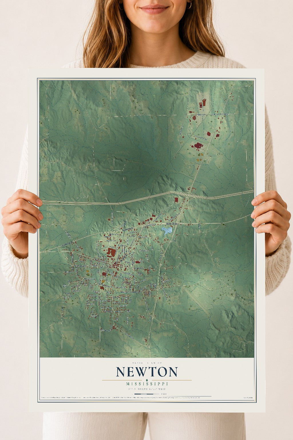 Map of Newton, Mississippi, 18 x 24 inch unframed archival matte print
