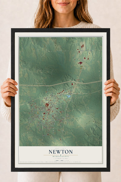 Map of Newton, Mississippi, 18 x 24 inch print in a black wood frame
