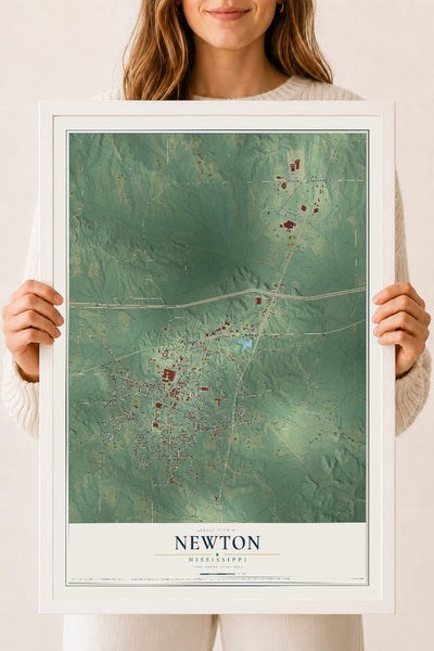 Map of Newton, Mississippi, 18 x 24 inch print in a white wood frame