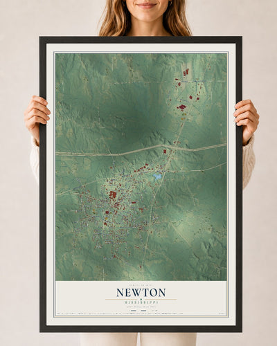 Map of Newton, Mississippi, 24 x 36 inch print in a black wood frame