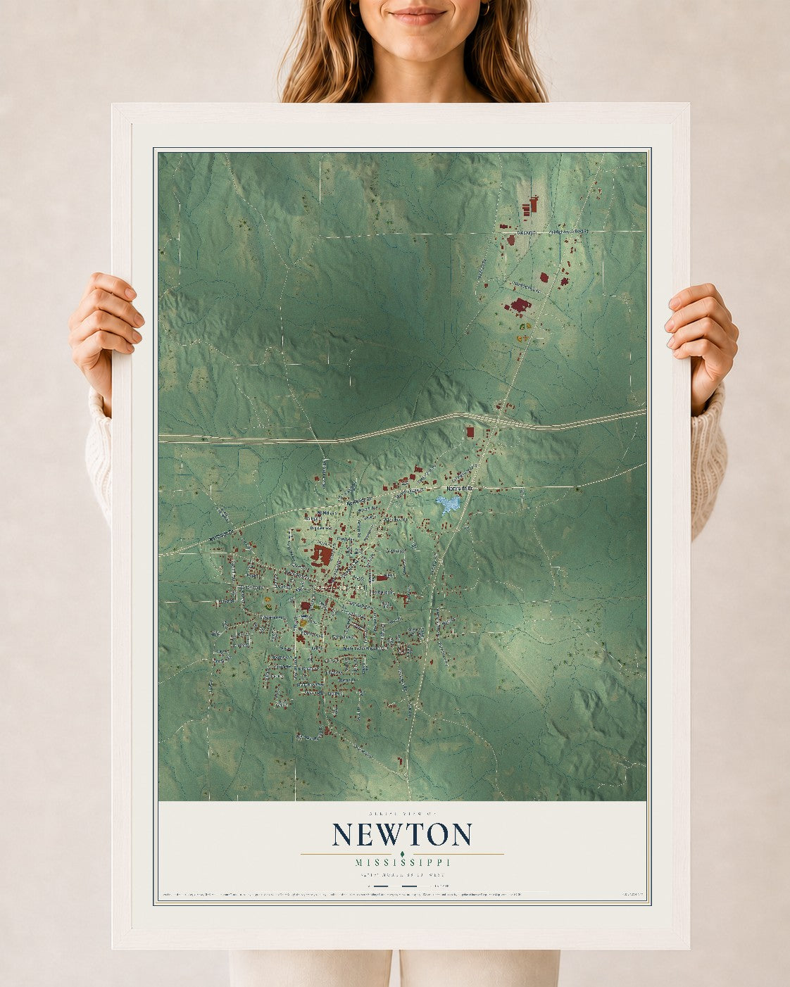 Map of Newton, Mississippi, 24 x 36 inch print in a white wood frame