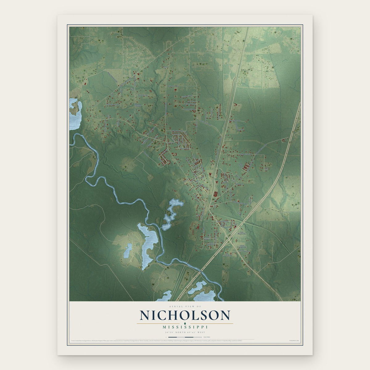 Nicholson, Mississippi map print, the full design