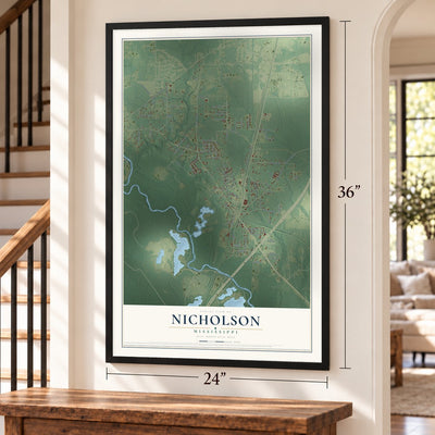 Nicholson, Mississippi map, 24 x 36 inch print in a black frame by a staircase