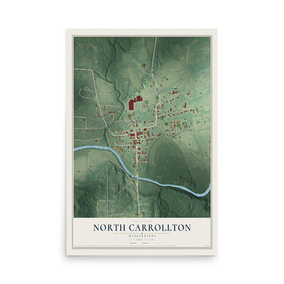 Map of North Carrollton, Mississippi, 12 x 18 inch unframed archival matte print