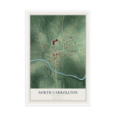 Map of North Carrollton, Mississippi, 12 x 18 inch print in a white wood frame