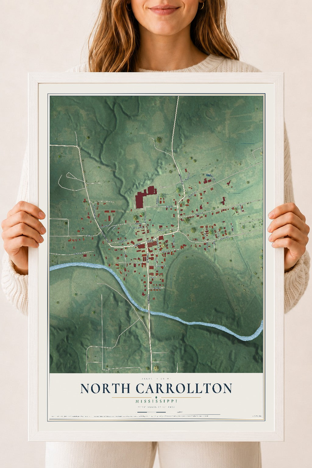 Map of North Carrollton, Mississippi, 18 x 24 inch print in a white wood frame