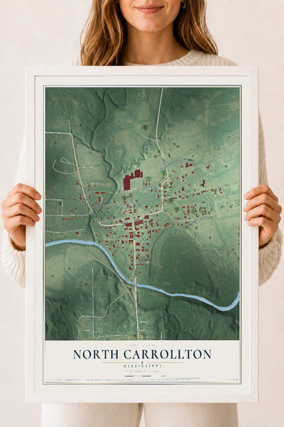 Map of North Carrollton, Mississippi, 18 x 24 inch print in a white wood frame