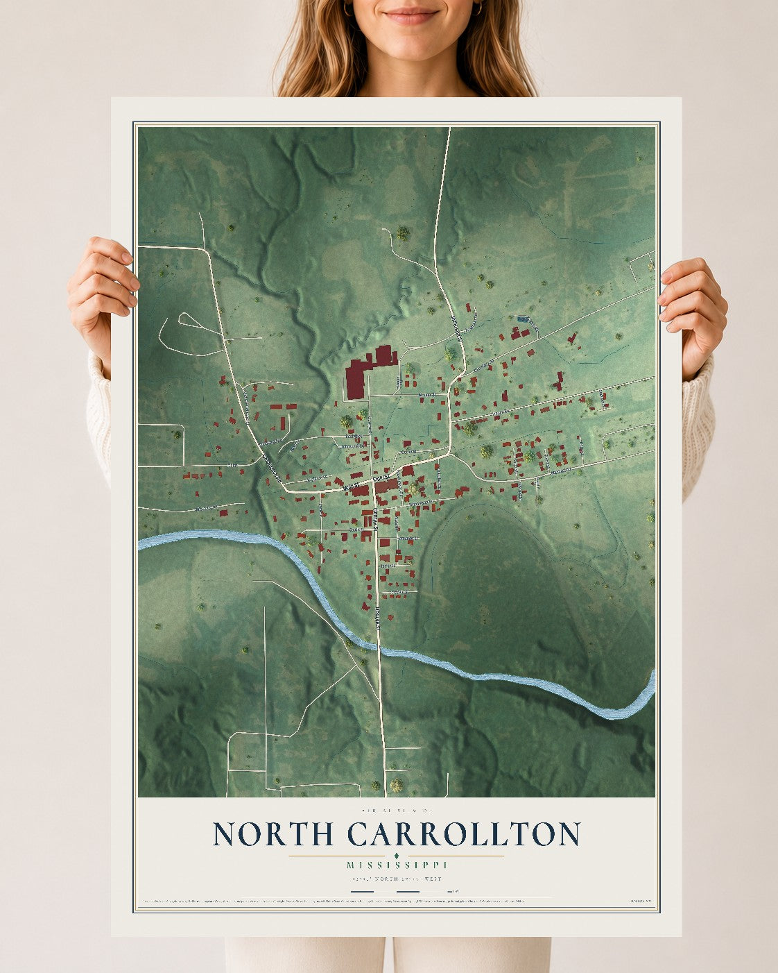 Map of North Carrollton, Mississippi, 24 x 36 inch unframed archival matte print