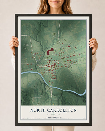 Map of North Carrollton, Mississippi, 24 x 36 inch print in a black wood frame