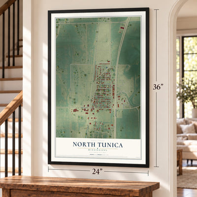 North Tunica, Mississippi map, 24 x 36 inch print in a black frame by a staircase