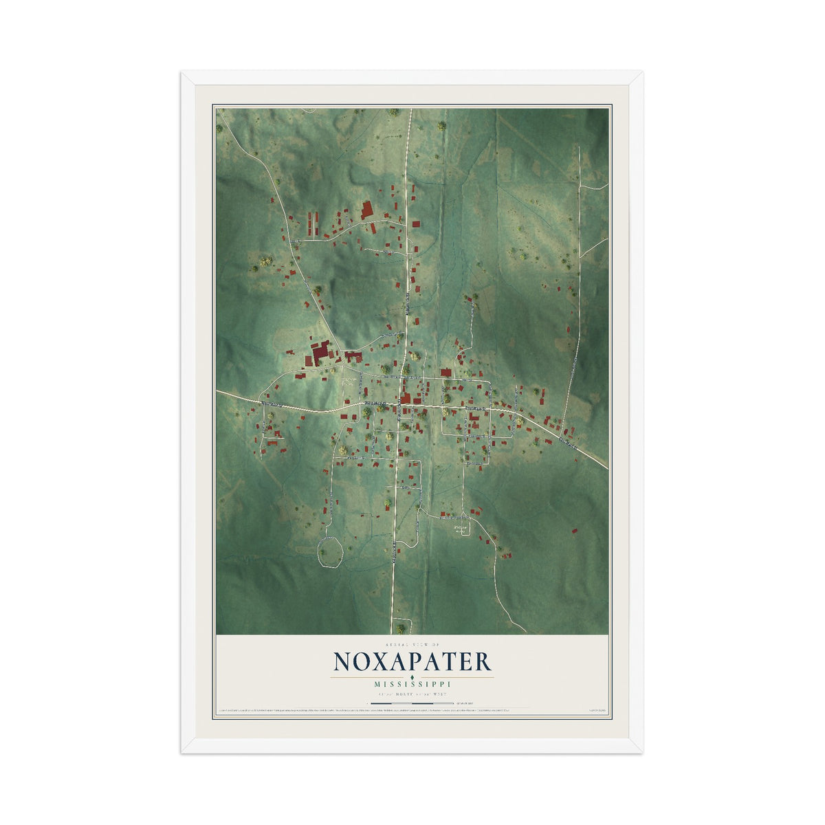 Map of Noxapater, Mississippi, 12 x 18 inch print in a white wood frame