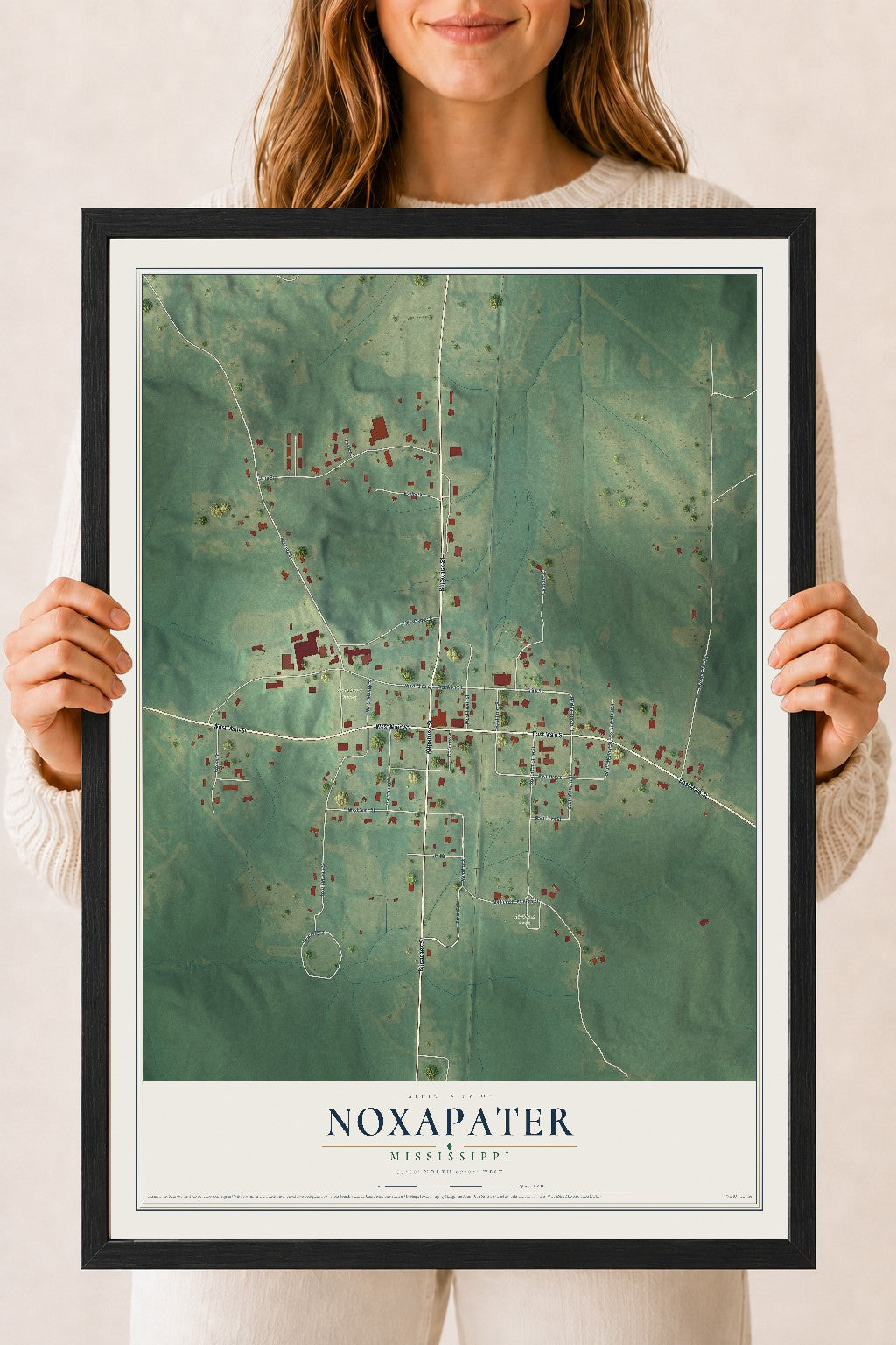 Map of Noxapater, Mississippi, 18 x 24 inch print in a black wood frame