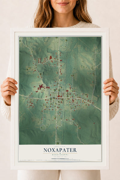 Map of Noxapater, Mississippi, 18 x 24 inch print in a white wood frame