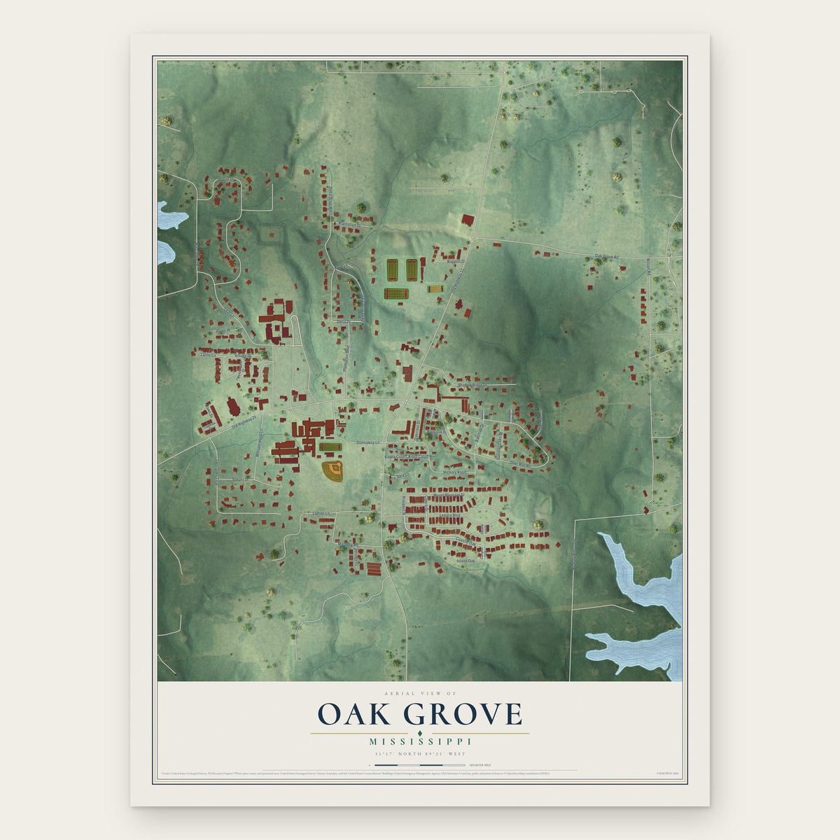 Oak Grove, Mississippi map print, the full design
