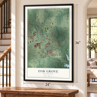 Oak Grove, Mississippi map, 24 x 36 inch print in a black frame by a staircase