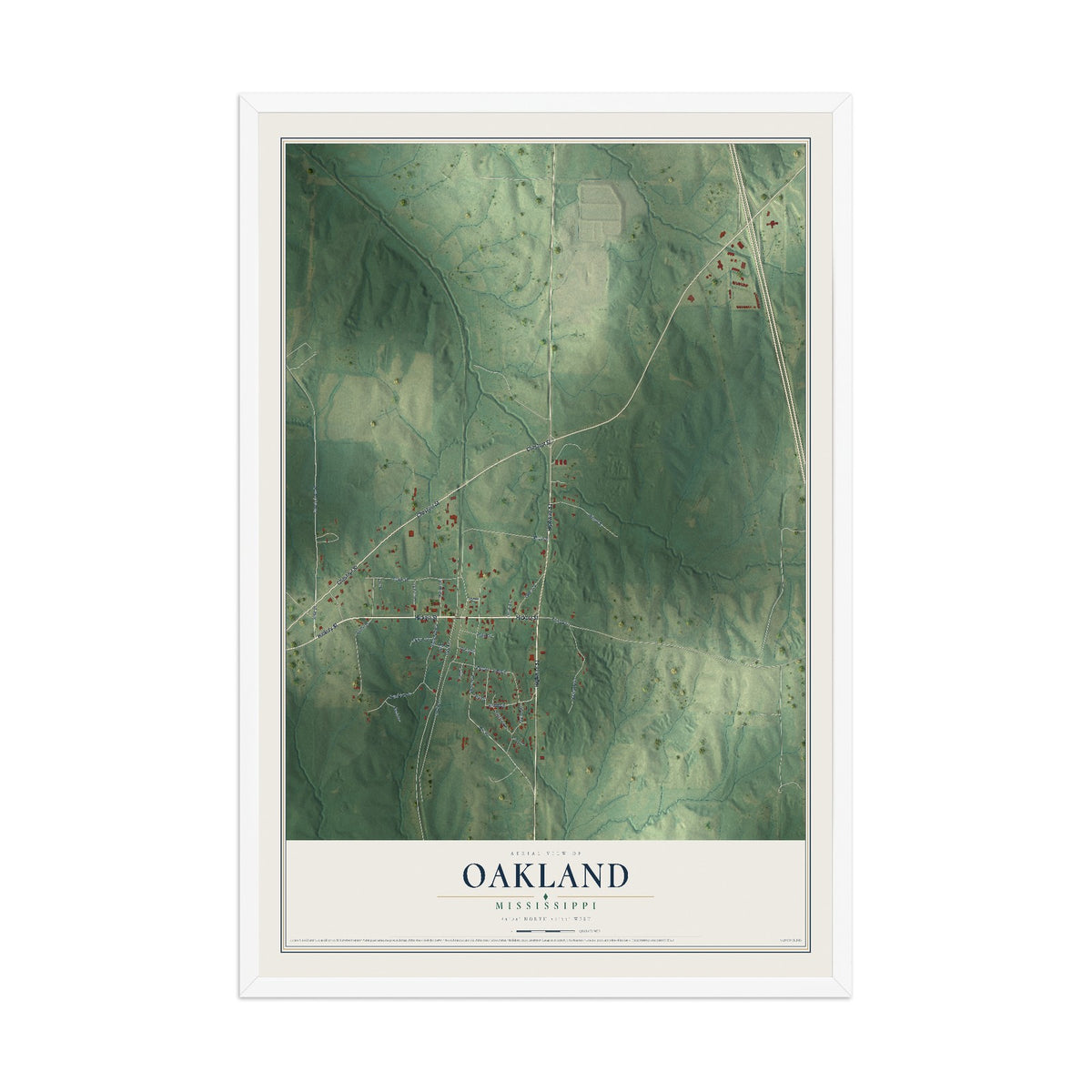 Map of Oakland, Mississippi, 12 x 18 inch print in a white wood frame
