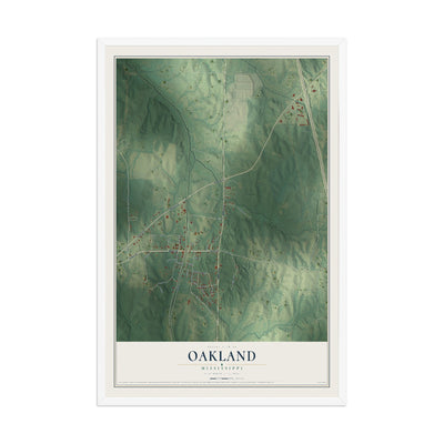 Map of Oakland, Mississippi, 12 x 18 inch print in a white wood frame
