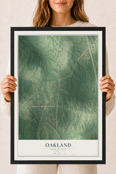 Map of Oakland, Mississippi, 18 x 24 inch print in a black wood frame
