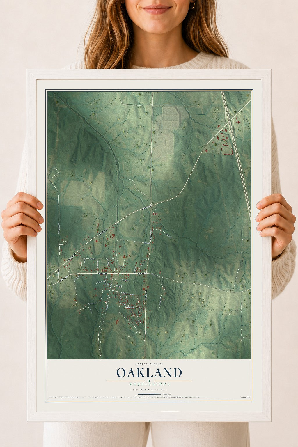 Map of Oakland, Mississippi, 18 x 24 inch print in a white wood frame