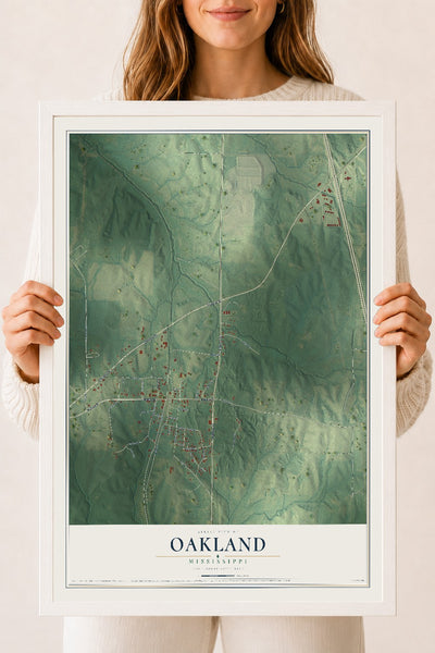 Map of Oakland, Mississippi, 18 x 24 inch print in a white wood frame