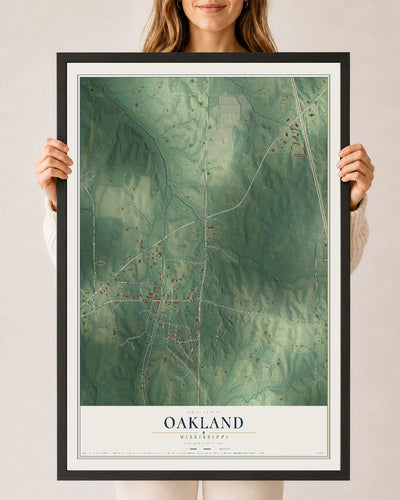 Map of Oakland, Mississippi, 24 x 36 inch print in a black wood frame
