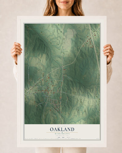 Map of Oakland, Mississippi, 24 x 36 inch print in a white wood frame