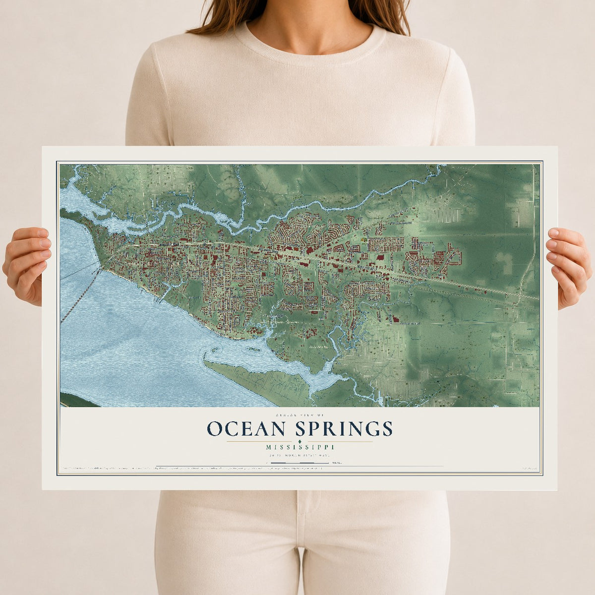 Map of Ocean Springs, Mississippi, 12 x 18 inch unframed archival matte print