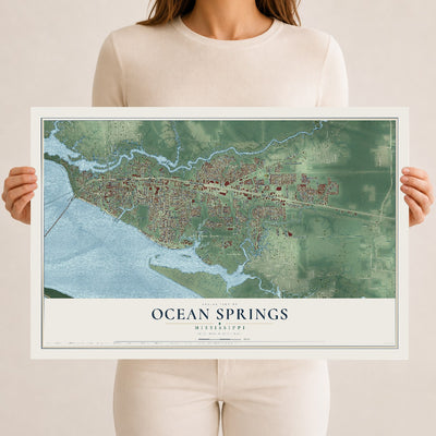 Map of Ocean Springs, Mississippi, 12 x 18 inch unframed archival matte print
