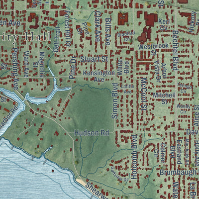 Second close-up of the map of Ocean Springs, Mississippi print showing more streets and buildings