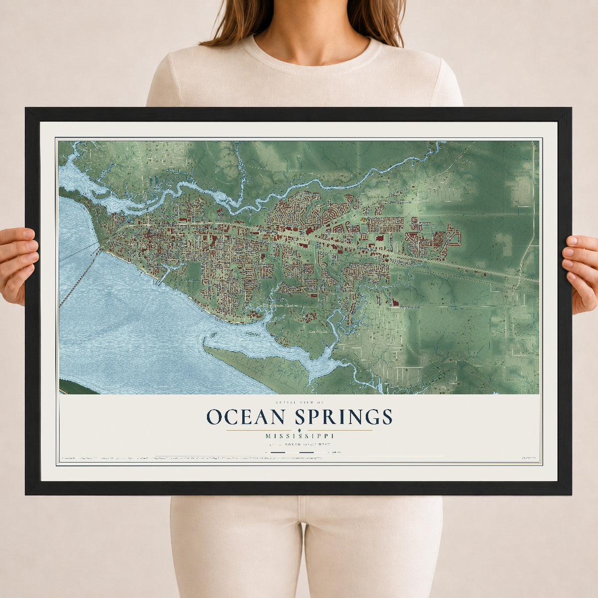 Map of Ocean Springs, Mississippi, 18 x 24 inch print in a black wood frame