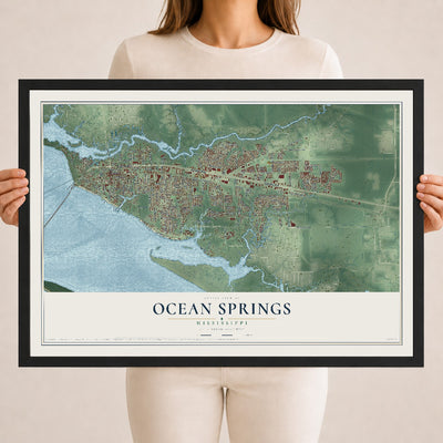 Map of Ocean Springs, Mississippi, 18 x 24 inch print in a black wood frame