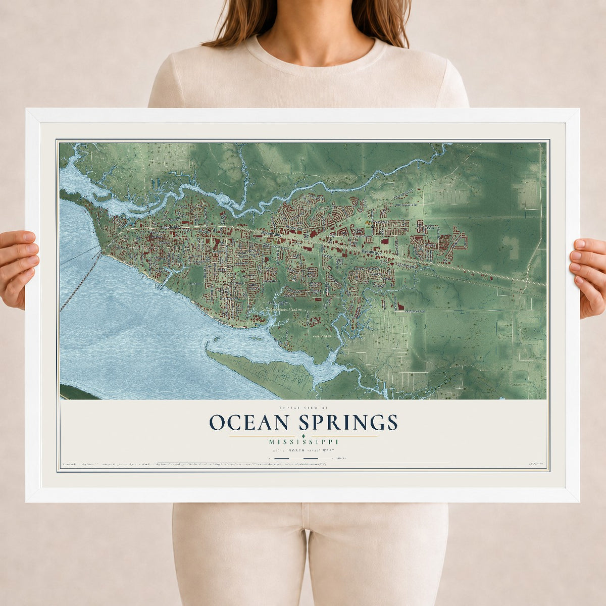 Map of Ocean Springs, Mississippi, 18 x 24 inch print in a white wood frame