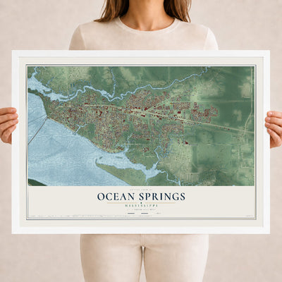 Map of Ocean Springs, Mississippi, 18 x 24 inch print in a white wood frame