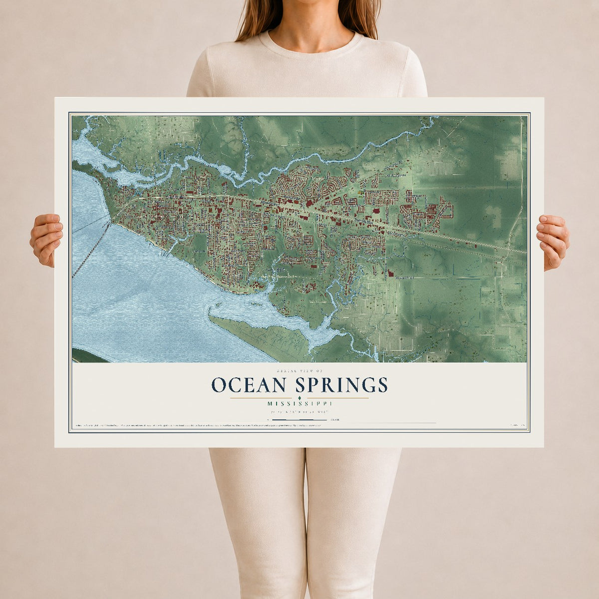 Map of Ocean Springs, Mississippi, 24 x 36 inch unframed archival matte print