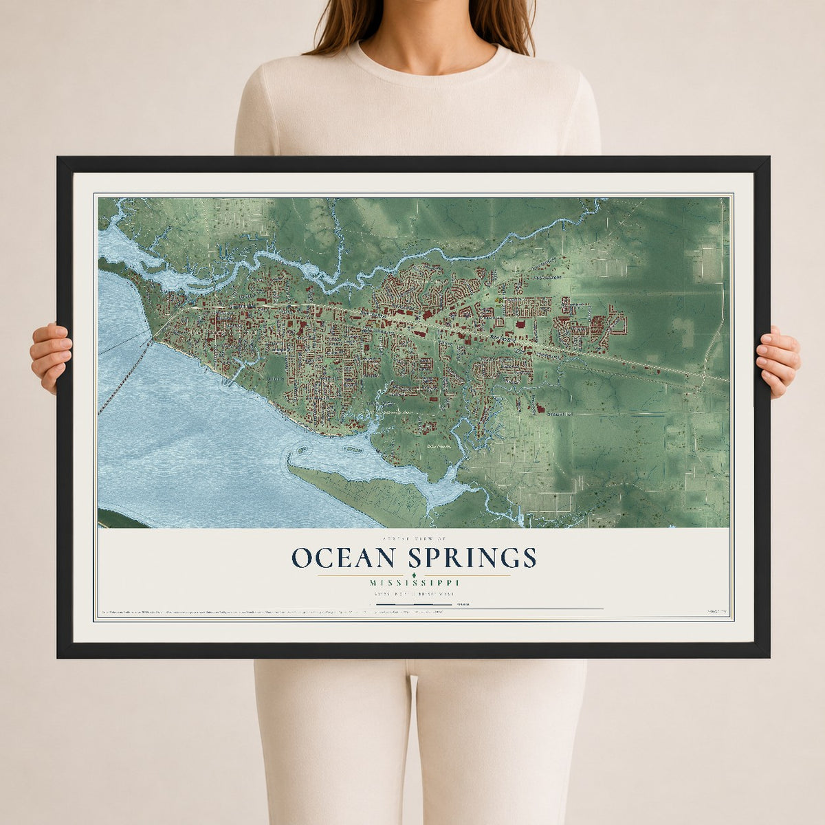 Map of Ocean Springs, Mississippi, 24 x 36 inch print in a black wood frame